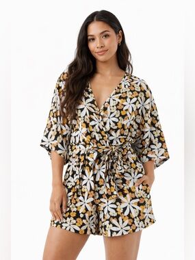 Ava Sky Floral Kimono Sleeve Romper Hawaii Resort Boho S